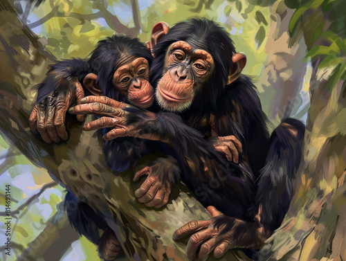 chimpanzee are playing with their babies in a tree. Shows the love and warmth of a family of wild animals.