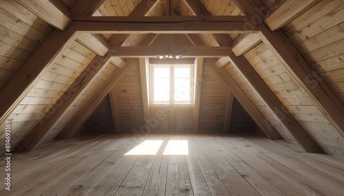 Bright attic empty bedroom in the fashionable apartment