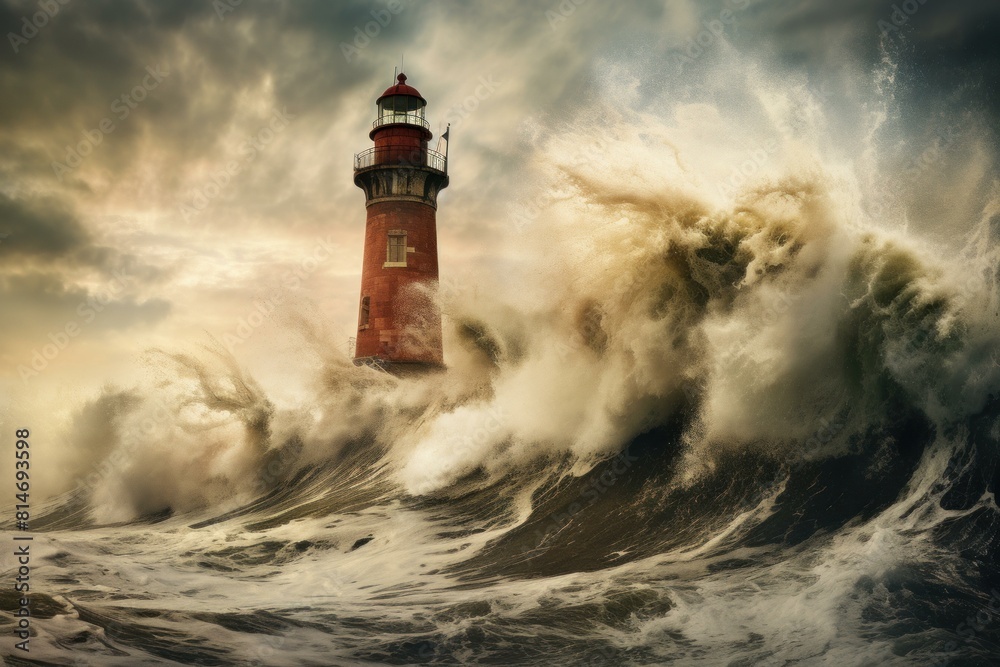 Dramatic scene as towering waves crash around an isolated lighthouse