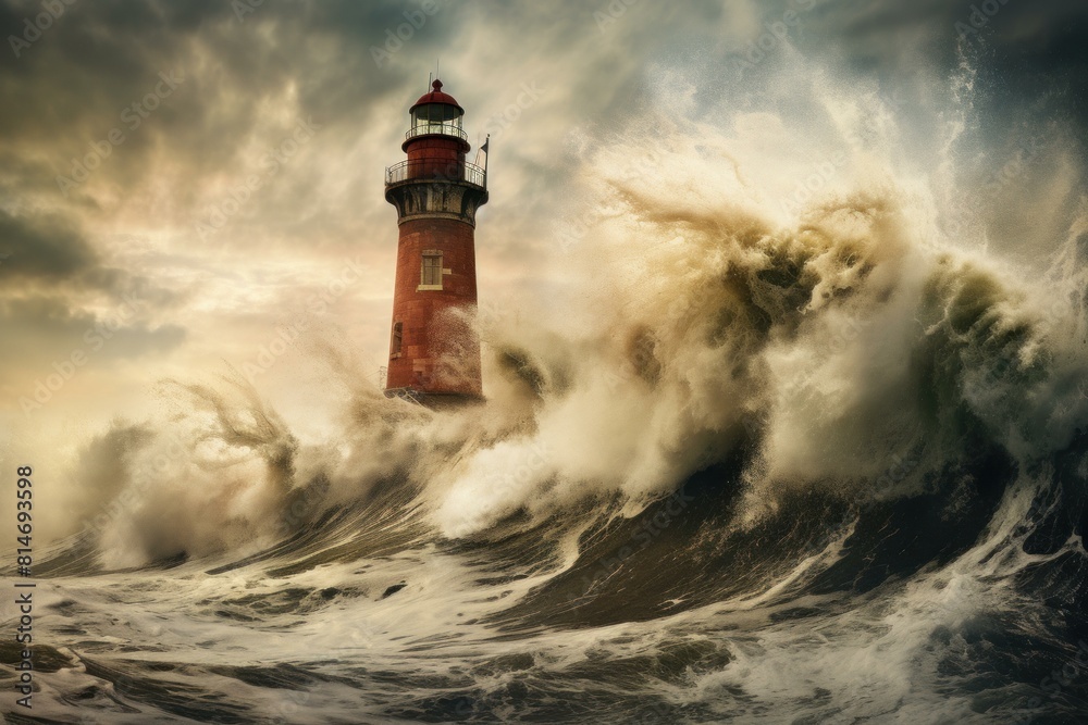 Obraz premium Dramatic scene as towering waves crash around an isolated lighthouse
