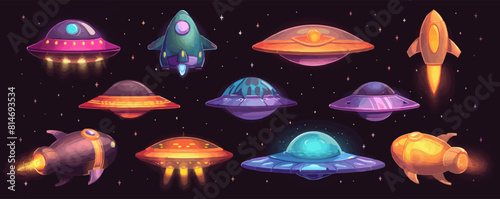 Alien spaceship game icons vector set. Cartoon vector illustration