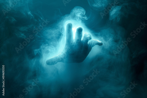    Mystic Reach   . A floating hand emerging from the darkness  with mist swirling around it. The scene is dark and mysterious atmosphere  evoking an atmosphere of suspense or fear and the unknown.   