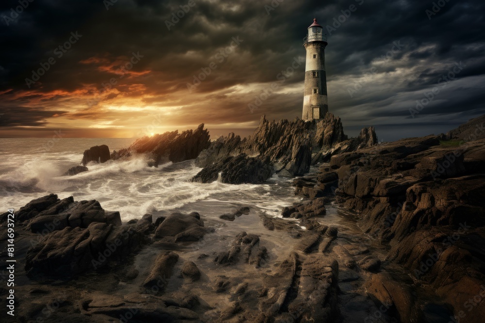 The majestic lighthouse guiding ships at sunset along the dramatic rocky coastline with stormy seascape and atmospheric mood