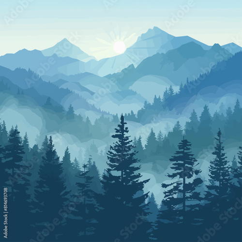 Misty forest among mountains, with sunlight piercing through the trees. Vector flat minimalistic isolated illustration