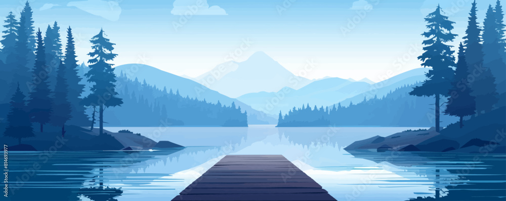 A serene lakeside retreat surrounded by towering pine trees, with a wooden dock extending into the calm waters. Vector flat minimalistic isolated illustration.
