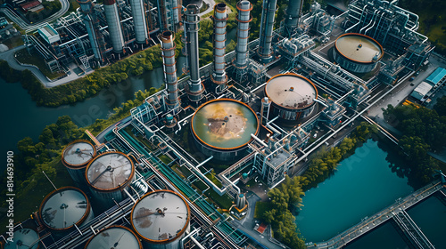 A photo featuring carbon capture and storage facilities, captured from above with a drone. Highlighting the technologys role in capturing and storing carbon dioxide emissions from industrial processes
