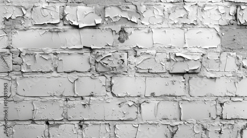 Textured white brick wall with peeling paint, grunge background