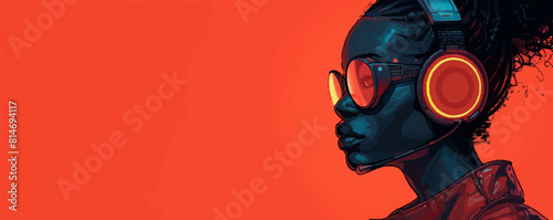 black woman in cyberpunk attire, with a headset and other accessories. vector simple illustration