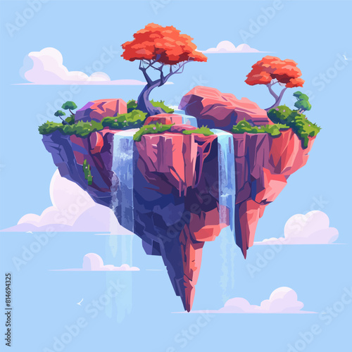 Fantastic island in the sky with floating rocks and waterfalls. Digital art style vector flat minimalistic isolated illustration