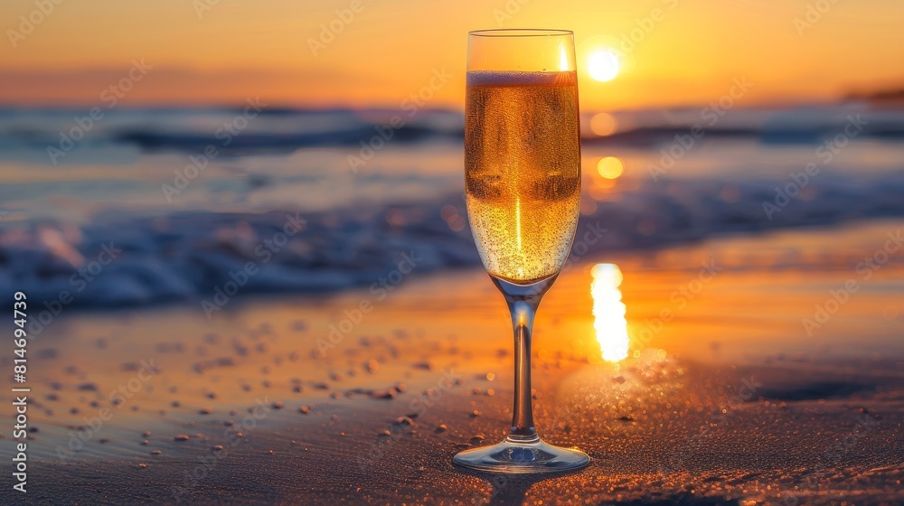 Glass of bubbly champagne on a luxurious beach setting, sun beaming down and sparkling off the clear ocean Glass of bubbly champagne on a luxurious beach setting, sun beaming down and sparkling off the clear ocean