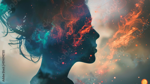 Surreal portrait of a woman with colorful smoke effects