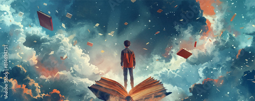 boy standing on the opened book and looking at other books floating in the air, digital art style, illustration painting
