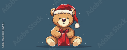 Teddy bear in a santa hat sits and holds a gift. vector simple illustration