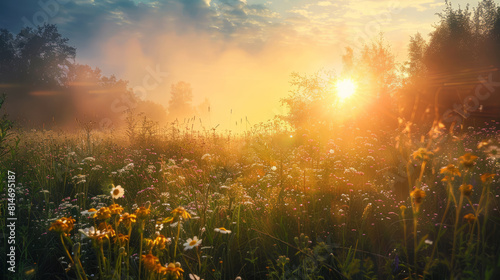 Sunrise over a vibrant wildflower meadow with mist