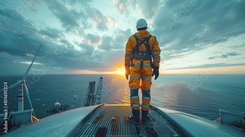 Engineers are repairing and maintaining an offshore turbine house. Portrait of a skilled professional worker working at height. Offshore wind farm in the ocean