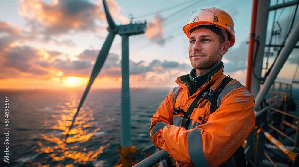 Engineers are repairing and maintaining an offshore turbine house. Portrait of a skilled professional worker working at height. Offshore wind farm in the ocean Engineers are repairing and maintaining an offshore turbine house. Portrait of a skilled professional worker working at height. Offshore wind farm in the ocean