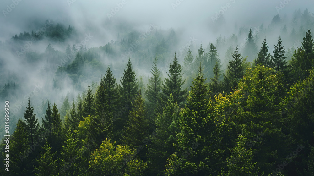 Misty mountain forest with lush green trees Misty mountain forest with lush green trees
