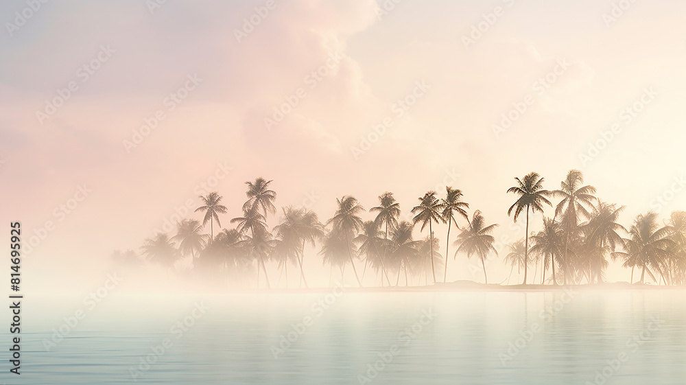 palm trees, panorama landscape sunny morning on the tropical seashore in a light fog palm trees, panorama landscape sunny morning on the tropical seashore in a light fog