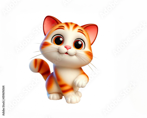 Cute animated kitten with big eyes and striped tail, showing a playful expression on white back ground © Tetiana
