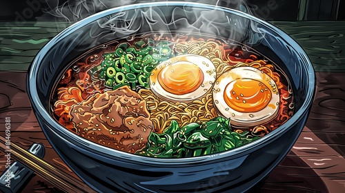 A delicious bowl of ramen with noodles, eggs, and green onions. photo