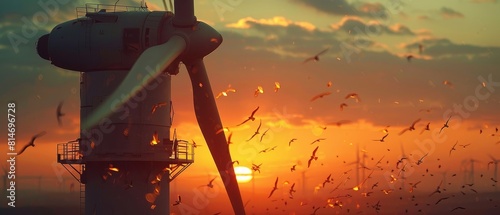 Inspirational closeup of a wind turbine with birds flying around it, symbolizing harmony between windmill energy and natural environments