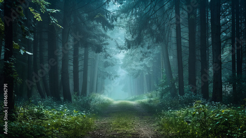 Mystical forest path in foggy morning light