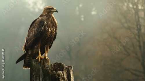 Brown-plumed wild Aquila fasciata perched on a timber stump against a hazy background in its native habitat photo