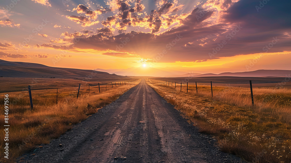 Sunset over rural dirt road with dramatic sky and open landscape Sunset over rural dirt road with dramatic sky and open landscape