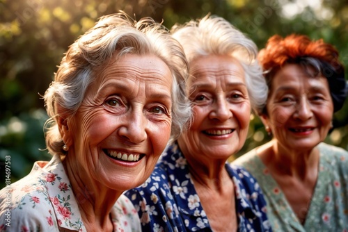Smiling cheerful old ladies  friends teamwork senior citizens