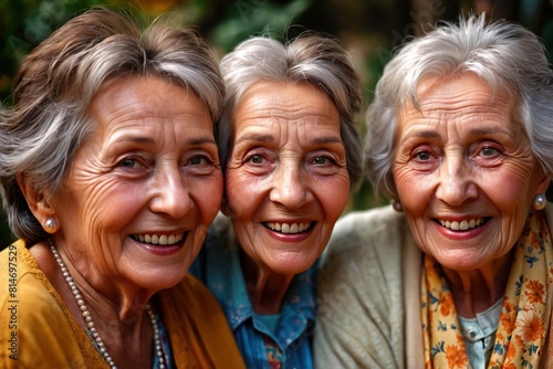 Smiling cheerful old ladies  friends teamwork senior citizens