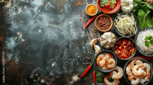 A variety of fresh ingredients for making a delicious meal including spices  vegetables  and shrimp.