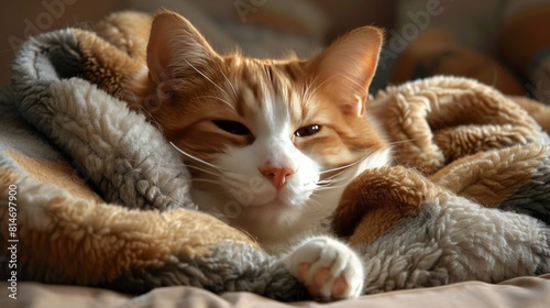 A ginger and white cat is lying on a blanket looking very relaxed and content.
