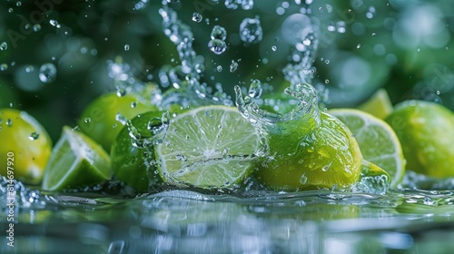Limes and water splashing in slow motion