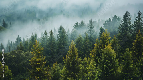 Misty forest landscape with lush green trees and fog