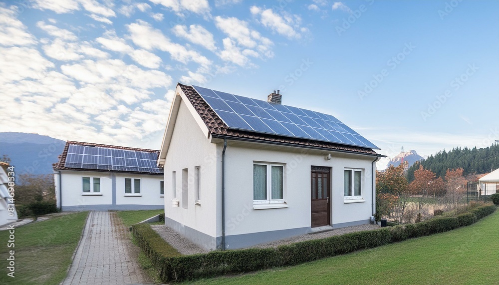 Sunset Haven: Embracing Sustainable Living with Solar Panels house, roof, architecture, building, sky, window, home, solar,
