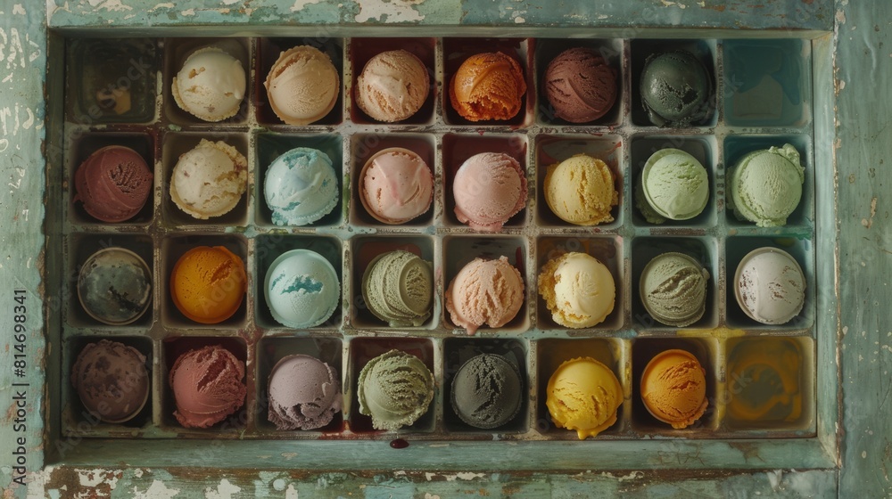 Assorted ice cream flavors tempting display in ice cream truck or seaside parlor Assorted ice cream flavors tempting display in ice cream truck or seaside parlor