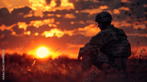 A lone soldier sits on a hill  watching the sunset