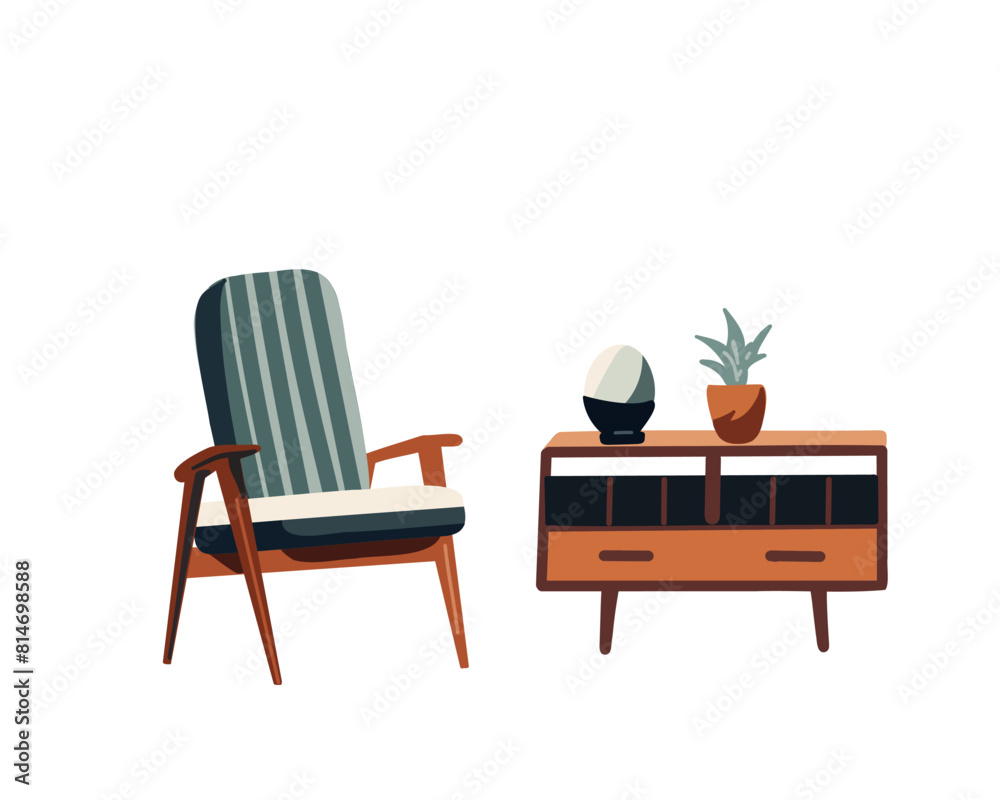 Fototapeta premium Interior with bedside table and armchair on white background, vector illustration