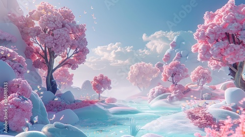 A beautiful landscape with pink trees and a blue river. The sky is light blue and there are some clouds. The ground is covered in pink flowers.