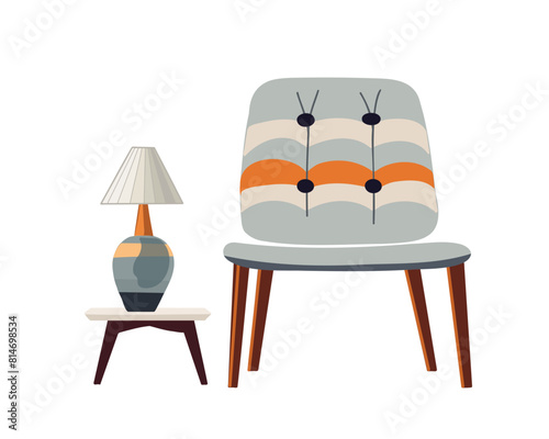 Gray striped upholstered chair or armchair with a table with a table lamp on a white background, vector illustration