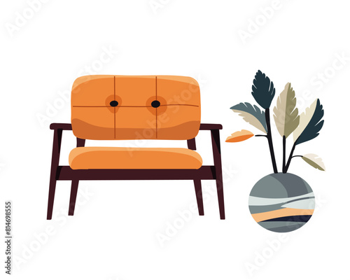 Orange armchair with round flower vase on white background, vector illustration