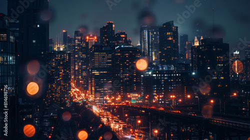 Busy cityscape at night with glowing lights and traffic