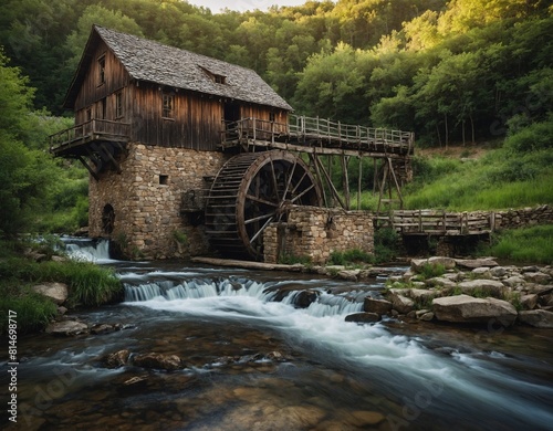 Enjoy the rustic charm of a countryside mill with a waterwheel and flowing stream.