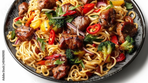Savory udon noodles stir-fried with tender beef, a medley of colorful vegetables, and finished with a flavorful sauce. photo