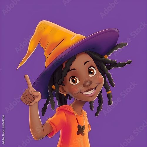 Halloween Black girl in witch costume (10 years old, smiling, looking at camera, dreadlocks), student pointing finger to side on purple background, hand pointing to empty space. Cartoon