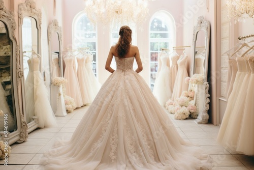 Bride-to-be stands in a bridal shop, her gown's train flowing behind her photo