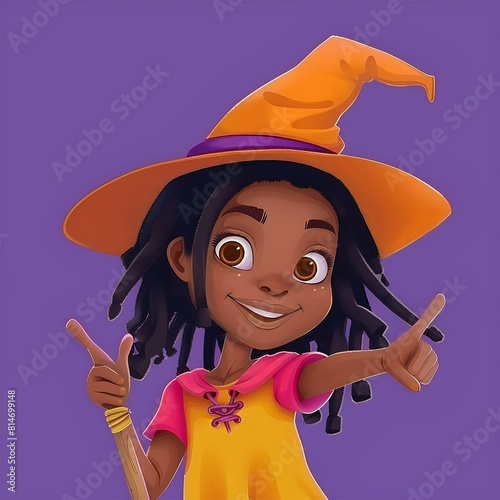 
Halloween Black girl in witch costume (10 years old, smiling, looking at camera, dreadlocks), student pointing finger to side on purple background, hand pointing to empty space. Cartoon