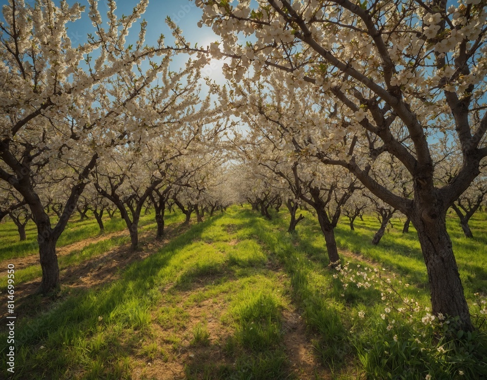 Indulge in the beauty of a countryside orchard with fruit trees in full bloom. Indulge in the beauty of a countryside orchard with fruit trees in full bloom.