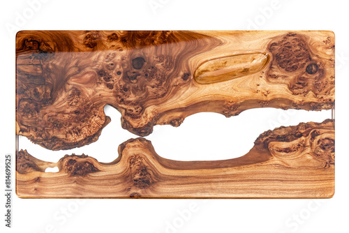 Live edge elm burl slab table top with central epoxy resin river on white background, top view of elm epoxy table