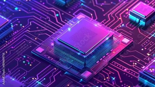 Database idea, massive data processing, and quantum computing. CPU isometric banner. CPU stands for central computer processors.Electronic chip photo